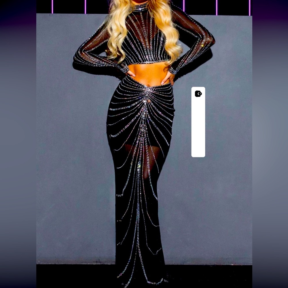 Rhinestones two piece crop top maxi skirt sheer set